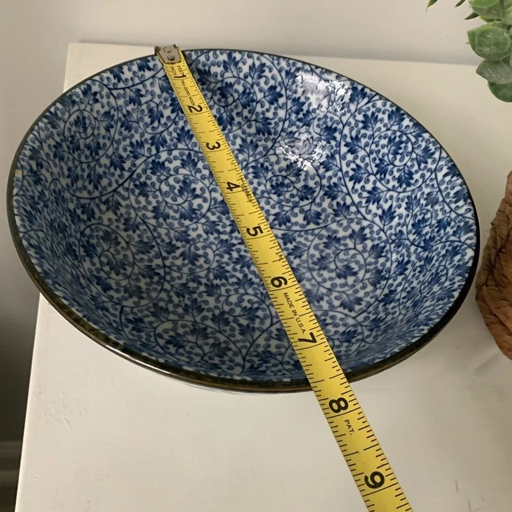 Japanese Blue and White Floral Porcelain Bowl Made in Japan 8.25 Inch Ramen Bowl